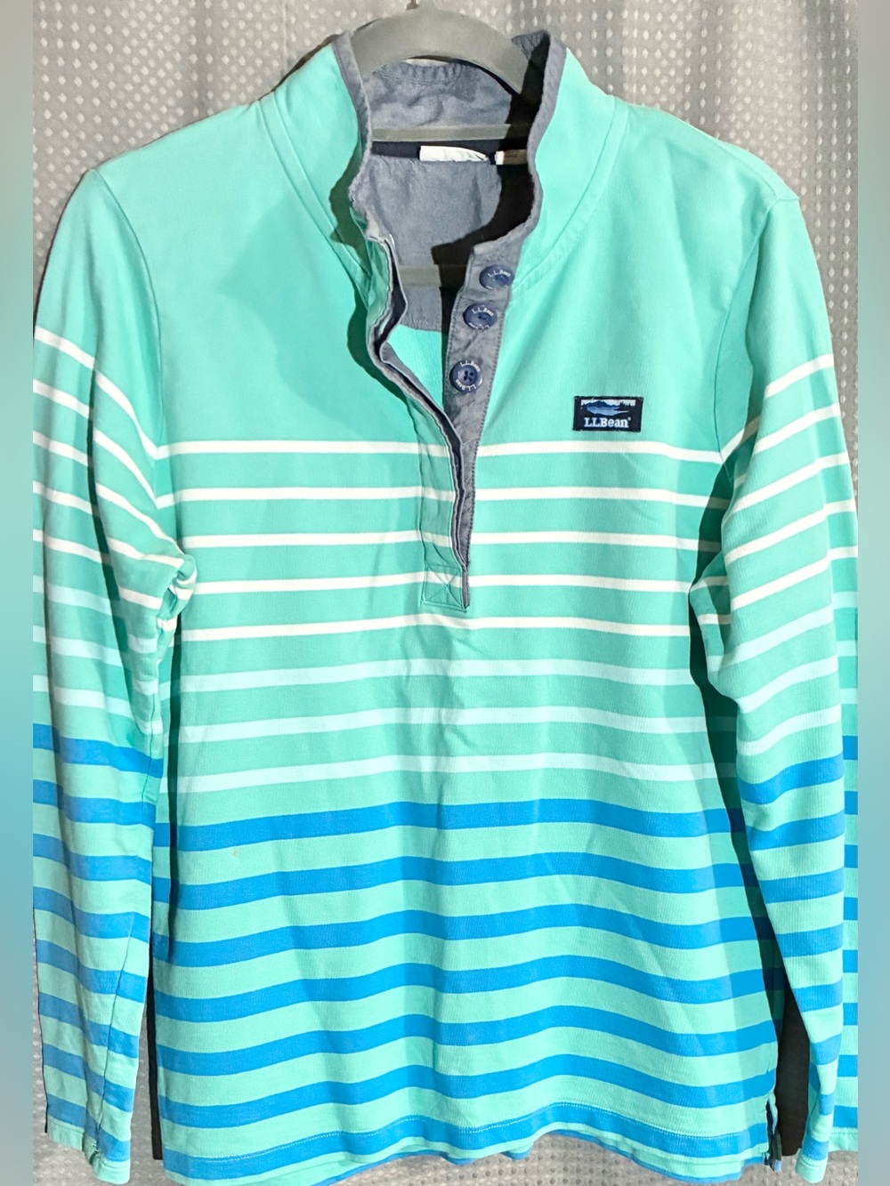 L.L. Bean Mint Striped Polo Shirt Sz M Long Sleeve 100% Cotton Logo Buttons